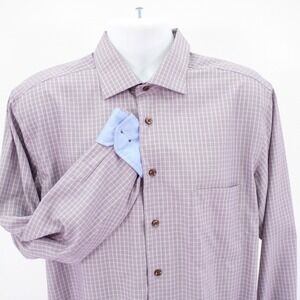 Joseph‎ Abboud Non-Iron Large Brown Blue Check Flip Cuff Collared Dress Shirt